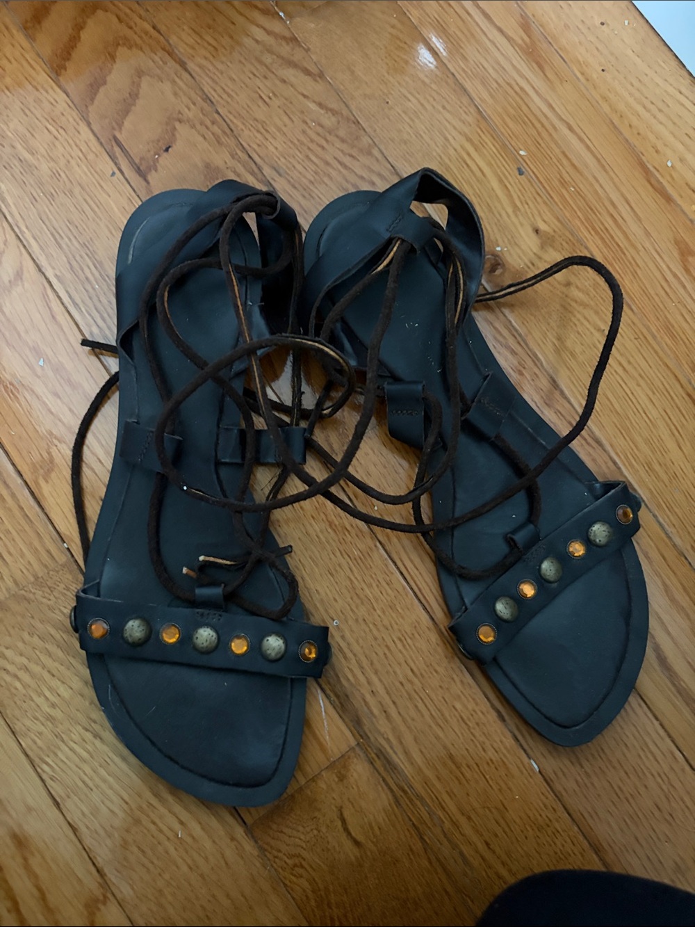 Black Lace-Up Women's Sandals with Decorative Studs